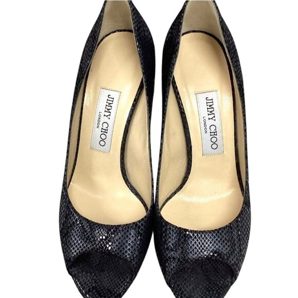 Jimmy Choo London Python‎ Leather Peep-Toe Heels 37.5 (US 7.5) - Picture 1 of 5